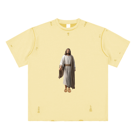 Kanye Jesus Tee,Reversible Streetwear Shirt,Luxury Streetwear,Hand Frayed T-Shirt,Limited Edition Streetwear,Yeezy Inspired Fashion,High End Graphic Tee,StreetStyle,DropCulture,Modern Messiah Shirt