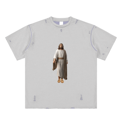 Kanye Jesus Tee,Reversible Streetwear Shirt,Luxury Streetwear,Hand Frayed T-Shirt,Limited Edition Streetwear,Yeezy Inspired Fashion,High End Graphic Tee,StreetStyle,DropCulture,Modern Messiah Shirt