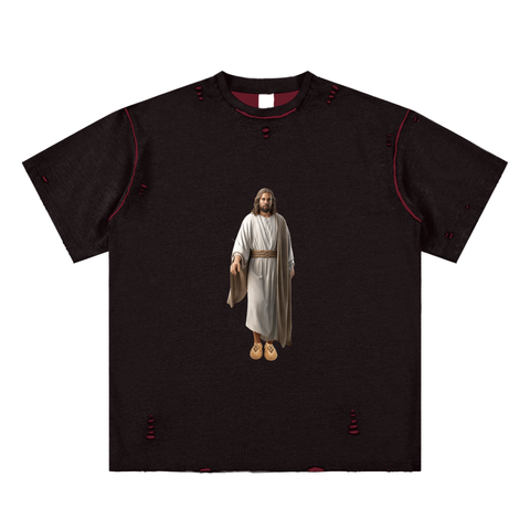 Kanye Jesus Tee,Reversible Streetwear Shirt,Luxury Streetwear,Hand Frayed T-Shirt,Limited Edition Streetwear,Yeezy Inspired Fashion,High End Graphic Tee,StreetStyle,DropCulture,Modern Messiah Shirt