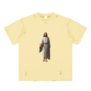 Kanye Jesus Tee,Reversible Streetwear Shirt,Luxury Streetwear,Hand Frayed T-Shirt,Limited Edition Streetwear,Yeezy Inspired Fashion,High End Graphic Tee,StreetStyle,DropCulture,Modern Messiah Shirt