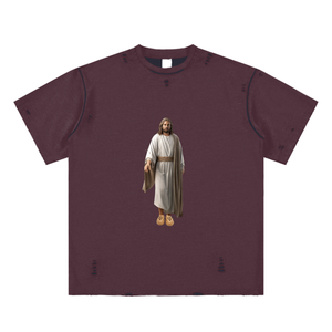 Kanye Jesus Tee,Reversible Streetwear Shirt,Luxury Streetwear,Hand Frayed T-Shirt,Limited Edition Streetwear,Yeezy Inspired Fashion,High End Graphic Tee,StreetStyle,DropCulture,Modern Messiah Shirt