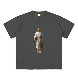 Kanye Jesus Tee,Reversible Streetwear Shirt,Luxury Streetwear,Hand Frayed T-Shirt,Limited Edition Streetwear,Yeezy Inspired Fashion,High End Graphic Tee,StreetStyle,DropCulture,Modern Messiah Shirt
