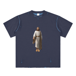 Kanye Jesus Tee,Reversible Streetwear Shirt,Luxury Streetwear,Hand Frayed T-Shirt,Limited Edition Streetwear,Yeezy Inspired Fashion,High End Graphic Tee,StreetStyle,DropCulture,Modern Messiah Shirt