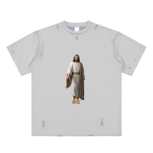 Kanye Jesus Tee,Reversible Streetwear Shirt,Luxury Streetwear,Hand Frayed T-Shirt,Limited Edition Streetwear,Yeezy Inspired Fashion,High End Graphic Tee,StreetStyle,DropCulture,Modern Messiah Shirt