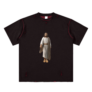 Kanye Jesus Tee,Reversible Streetwear Shirt,Luxury Streetwear,Hand Frayed T-Shirt,Limited Edition Streetwear,Yeezy Inspired Fashion,High End Graphic Tee,StreetStyle,DropCulture,Modern Messiah Shirt